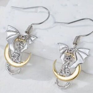 Moon & Dragon Pendant Earrings White Gold Plated Copper - Whimsigoth